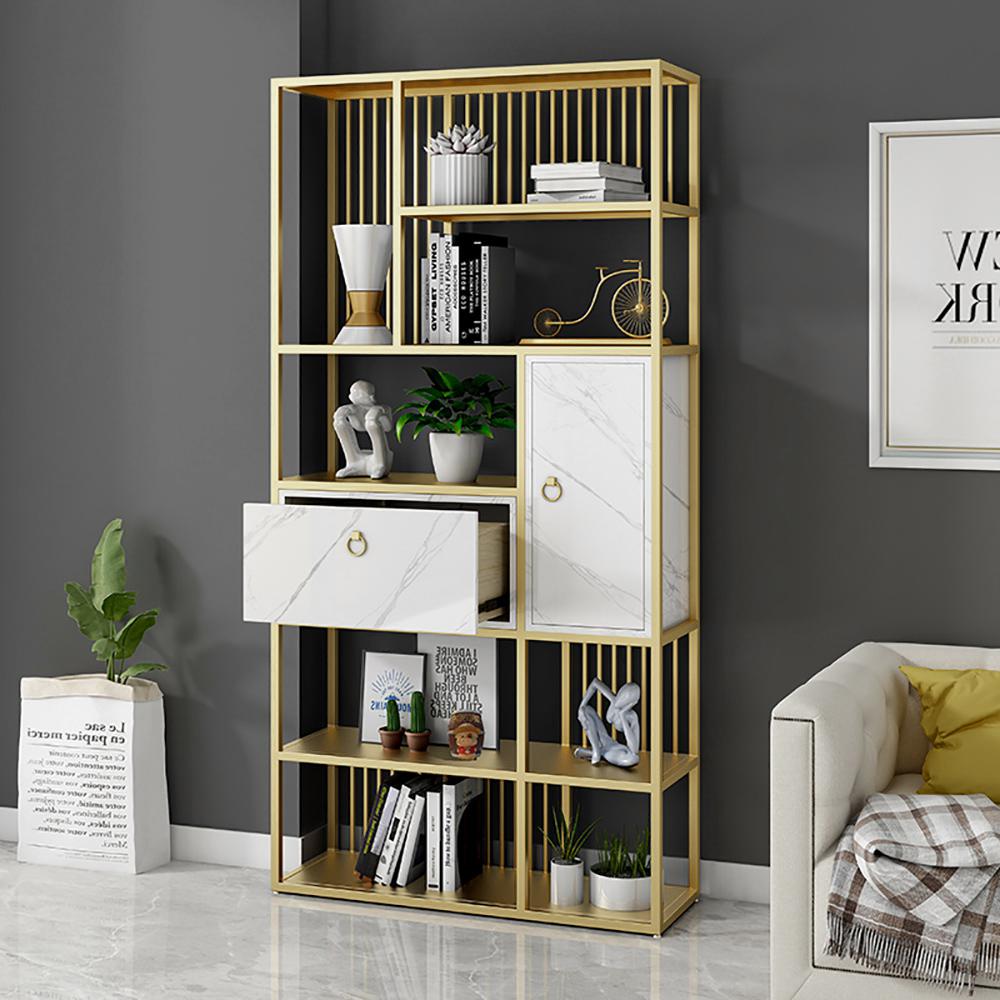 70.9" Modern 5-Tier Geometric Bookshelf with 1 Drawer and 1 Door in White & Gold