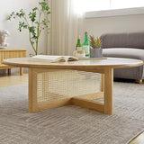 32" Modern Round Pine Wood and Rattan Coffee Table in Natural