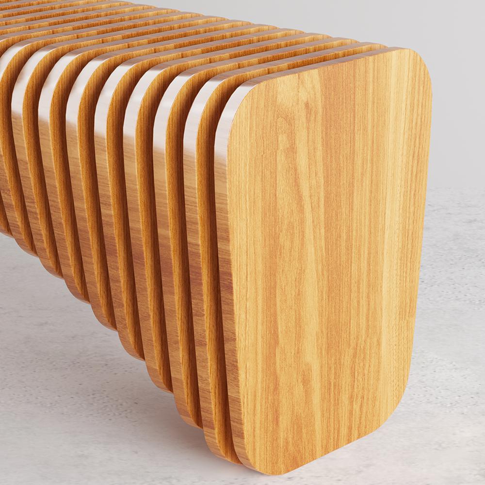 Modern Natural Wooden Curved Entryway Bench Seat Vertical Linear Surface