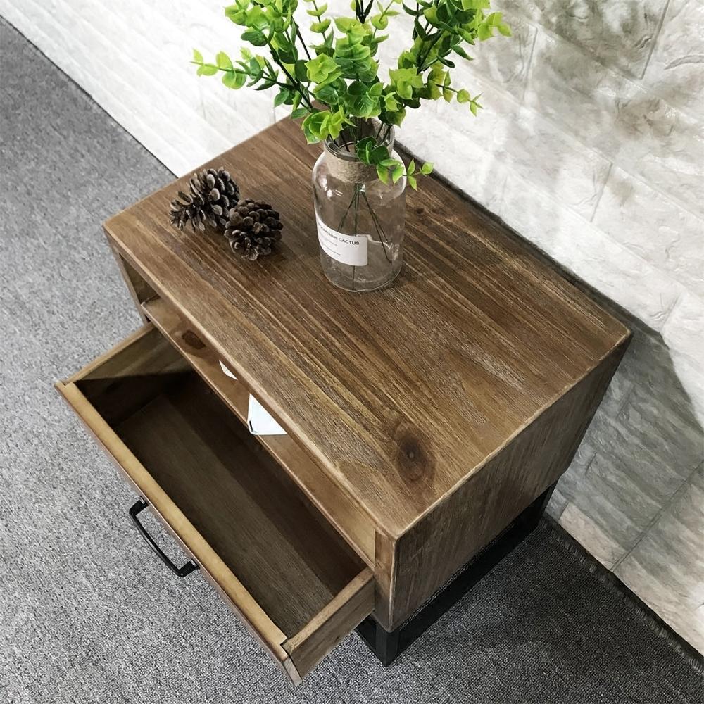 Industrial Nightstand Walnut Pine Wood Bedside Table with 1 Drawer in Black