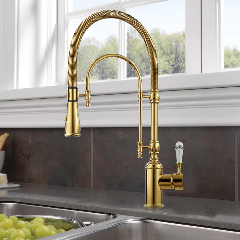 High Arc Dual-Mode Pull-Down Kitchen Faucet Solid Brass with Porcelain Handle