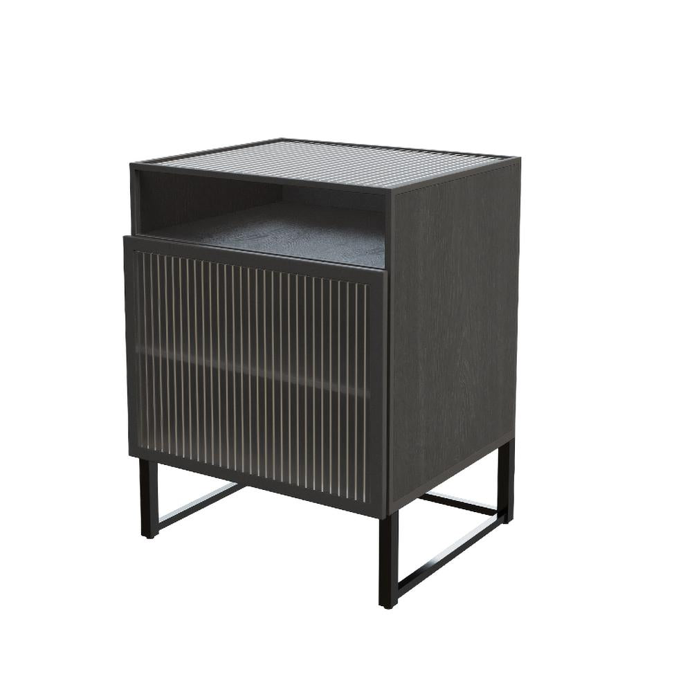 Nordic Minimalist Black Nightstand Glass Door Bedside Table with 2 Shelves