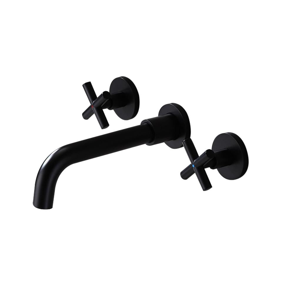 Melro Modern Wall Mounted Cross Handles Brass Bathroom Washing Sink Faucet in Matte Black