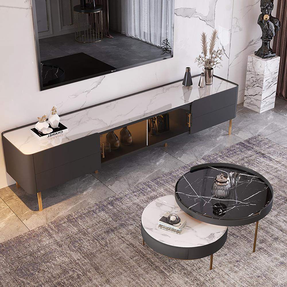 Stone Top TV Stand & Coffee Table Set with 3 Drawers and 2 Doors-Richsoul-Furniture,Living Room Furniture,Living Room Sets