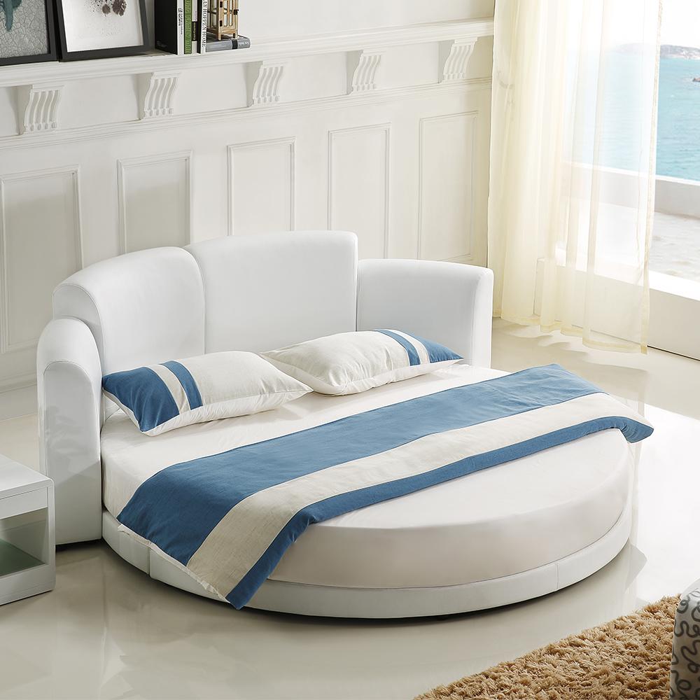 White Round Platform Bed Faux Leather Upholstered Bed with LED Light