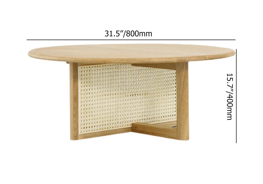 32" Modern Round Pine Wood and Rattan Coffee Table in Natural