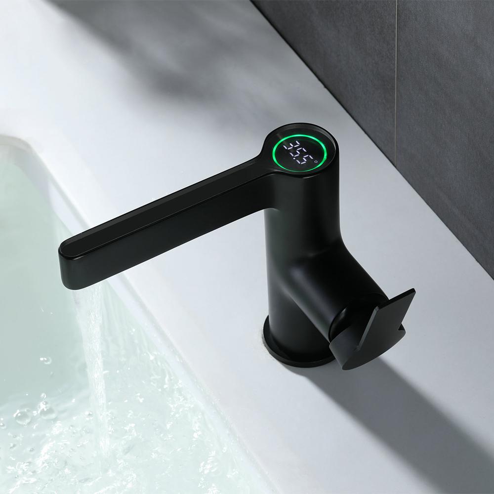 Modern Black Single Hole Bathroom Sink Faucet Intelligence Temperature Digital Display