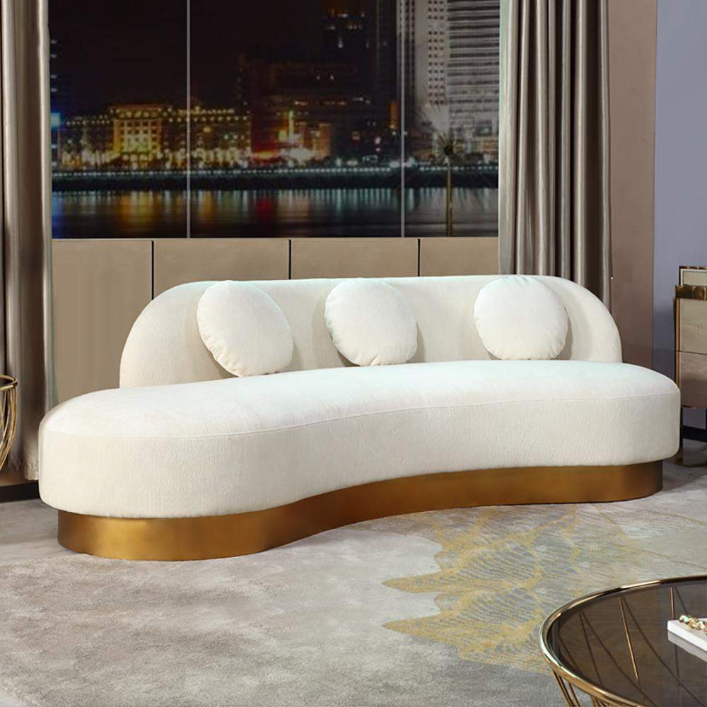 Modern White & Gold Velvet Curved Sofa for 3 Seaters with Pillows & Stainless Steel Base-Furniture,Living Room Furniture,Sofas & Loveseats