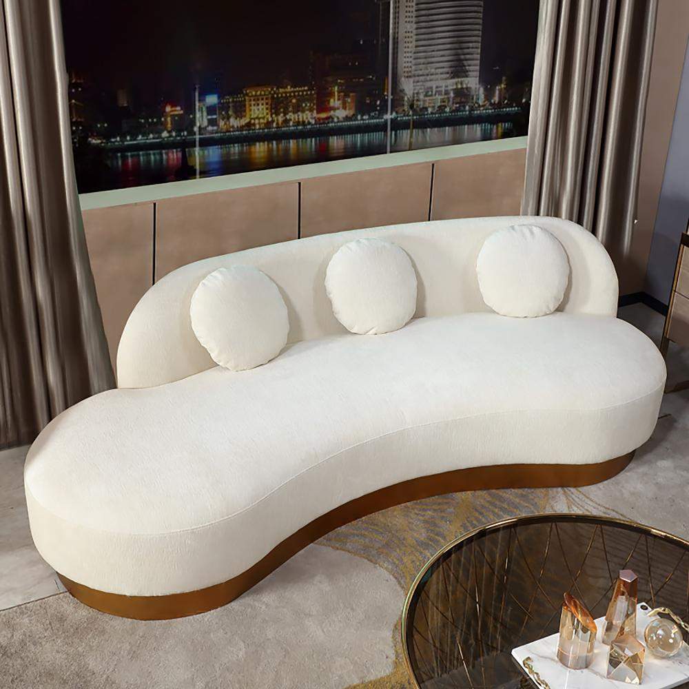 Modern White & Gold Velvet Curved Sofa for 3 Seaters with Pillows & Stainless Steel Base-Furniture,Living Room Furniture,Sofas & Loveseats