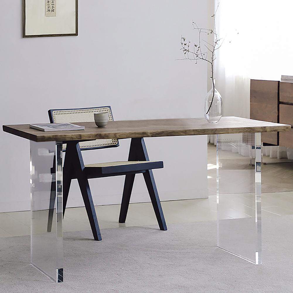 55.1" Walnut Home Office Desk Writing Desk Wood Tabletop & Clear Acrylic Pedestals-Desks,Furniture,Office Furniture