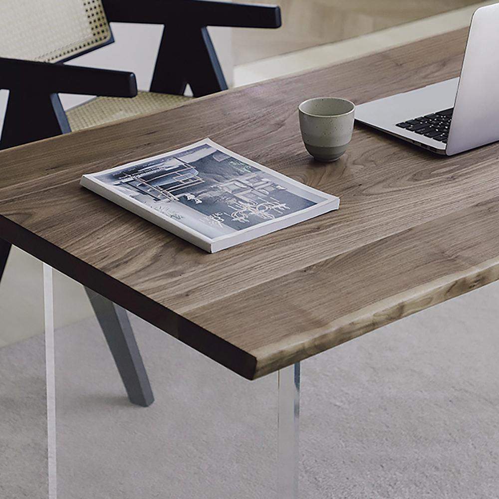 55.1" Walnut Home Office Desk Writing Desk Wood Tabletop & Clear Acrylic Pedestals-Desks,Furniture,Office Furniture