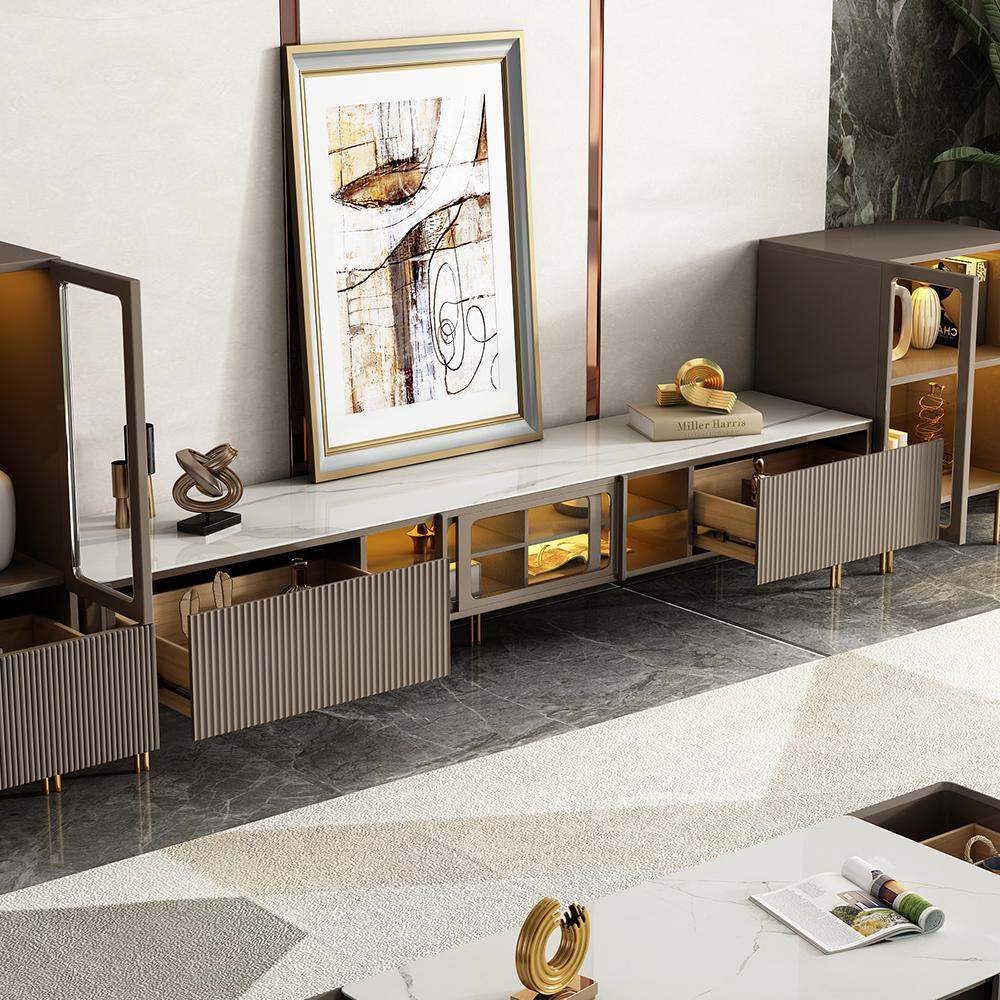 Rectangular Stone Top TV Console with Storage Glass Sliding Doors-Richsoul-Furniture,Living Room Furniture,TV Stands