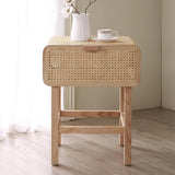 Wooden Walnut Nightstand Rattan Drawer for Bedroom Living Room Storage Bedside Table