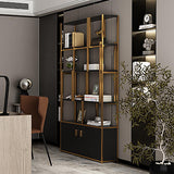 78" 5-Tier Black Bookshelf with Doors Storage Cabinet Gold Frame