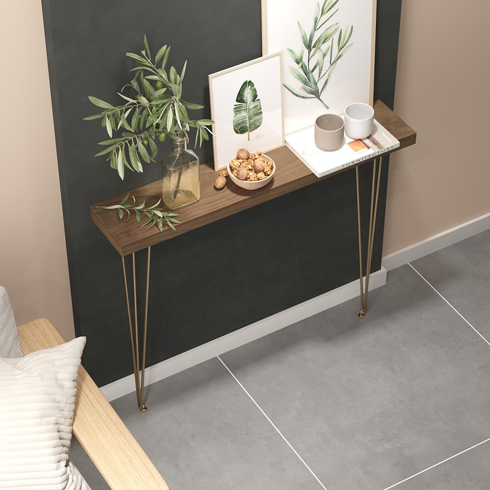 39" Modern Walnut Narrow Rectangular Console Table with Wooden Top Metal Legs