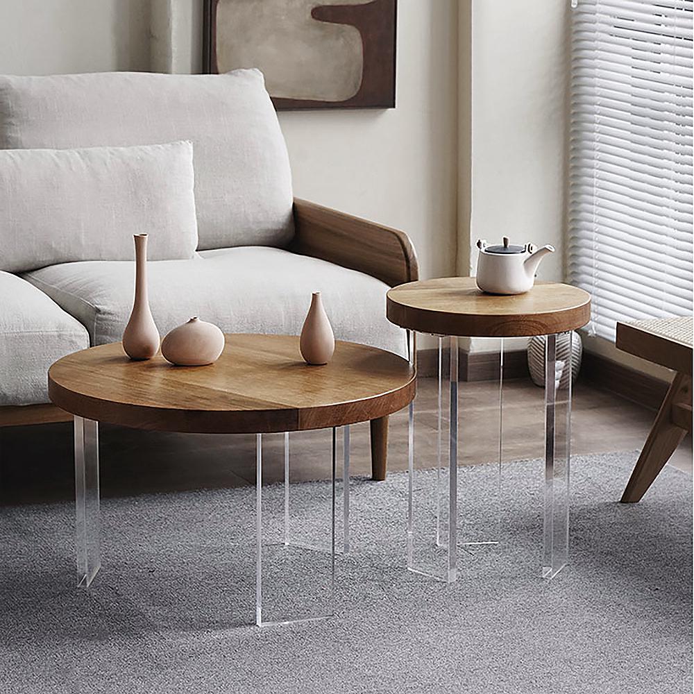 2 Piece Mid Century Modern Pine Wood & Acrylic Round Coffee Table Set in Natural