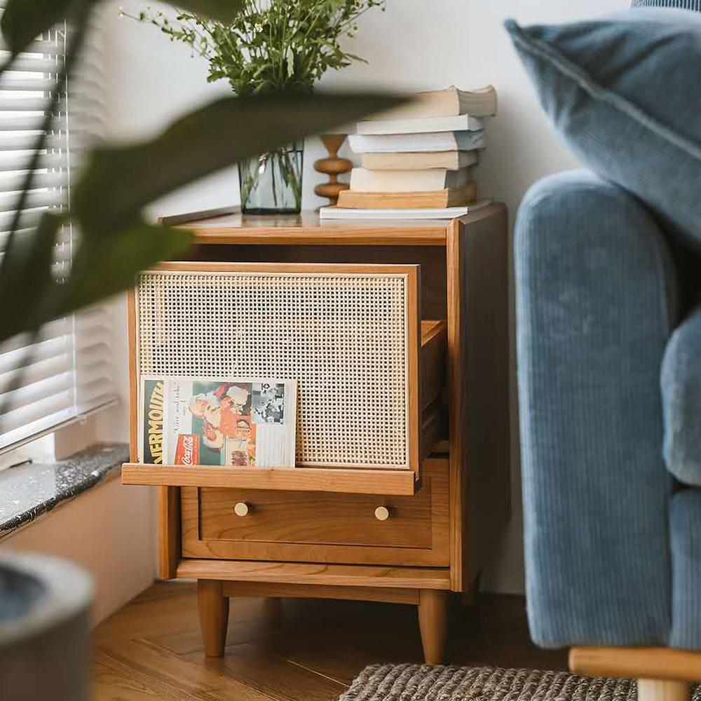 Rustic Rattan Nightstand Simple Walnut Bedroom with Storage Solid Wood Bedside Table