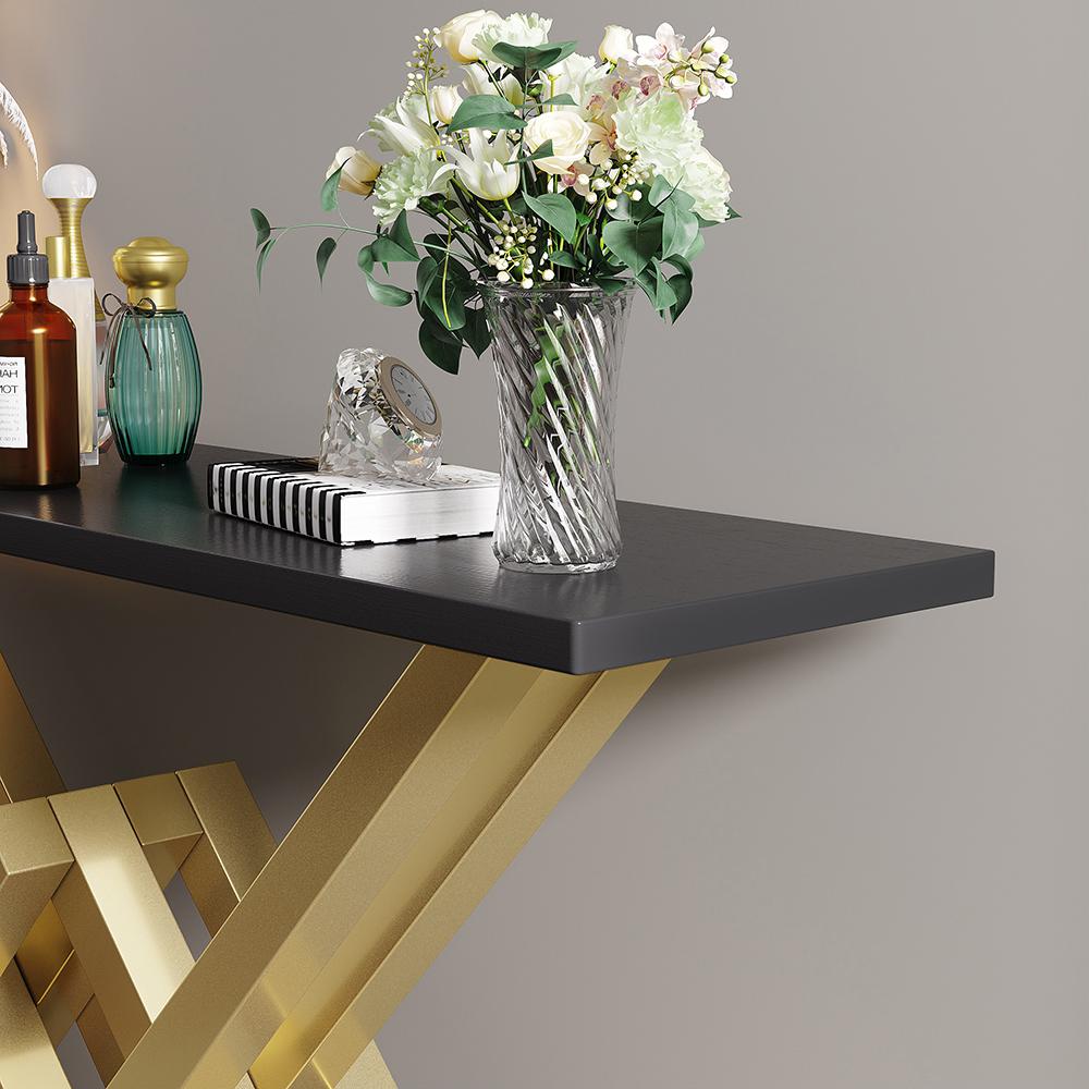 Black & Gold Narrow Console Table Accent Table For Entryway X Base Metal in Small