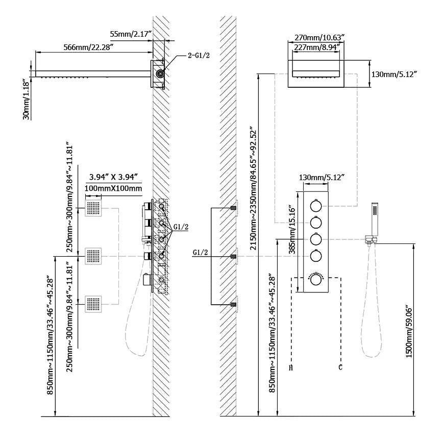Wall Mounted Waterfall Rain Shower System with 3 Body Sprays in Matte Black