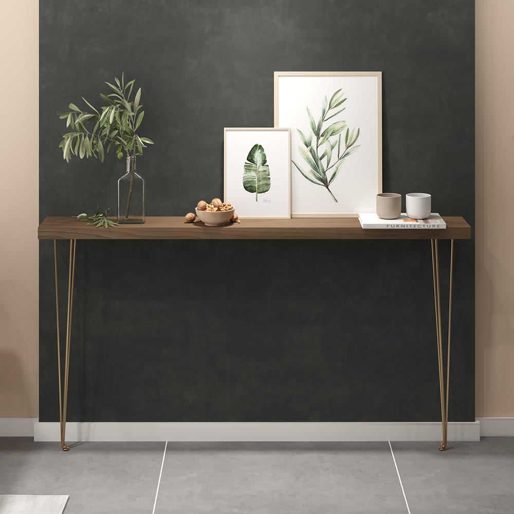 39" Modern Walnut Narrow Rectangular Console Table with Wooden Top Metal Legs