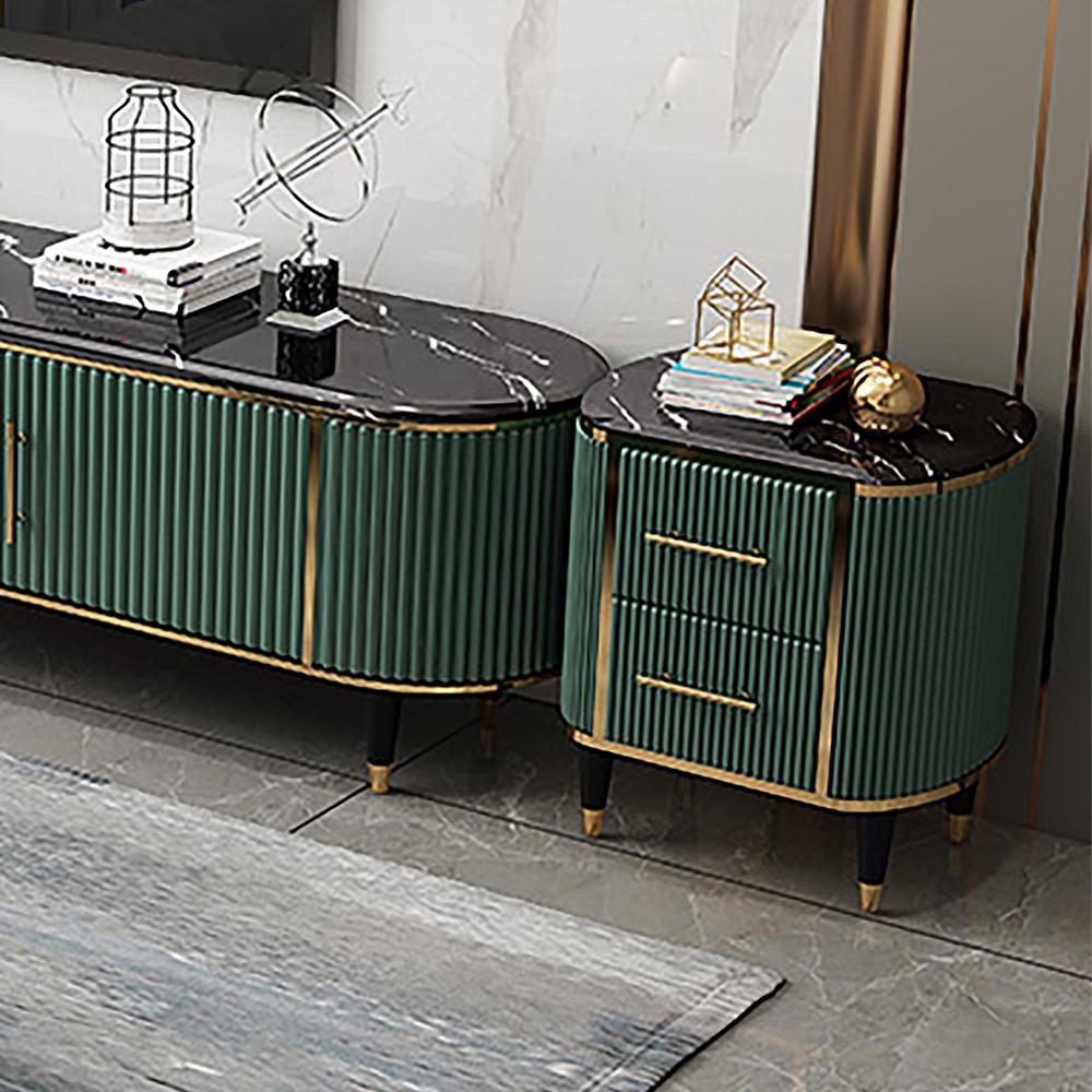 Oval Green 2 Drawers Nightstand Black Marble Top Bedside Table
