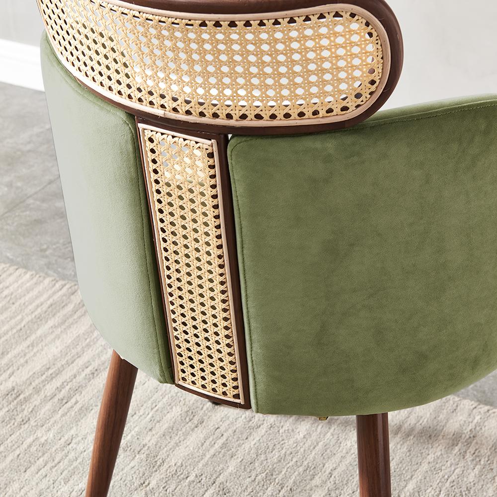 Modern Green Velvet Dining Chair Curved Back Rattan Dining Room Chairs (Set of 2)