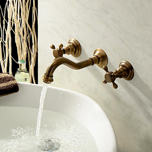 Chester Classic Wall Mount 2-Handle Antique Brass Bathroom Sink Faucet with Cross Handles
