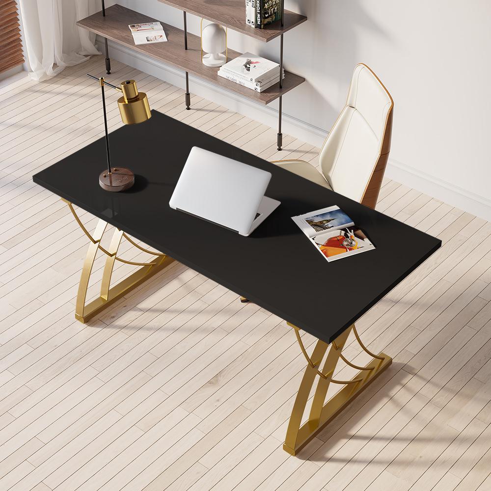 47" Modern White Rectangular Home Office Desk with Pine Wood Table Top & Gold Frame