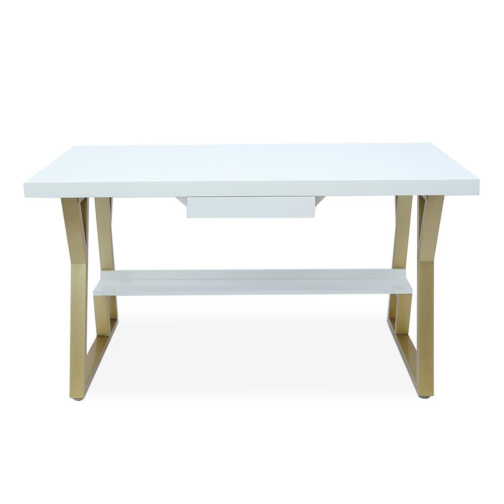 39" Rectangular White Computer Desk with Drawer and Shelf Gold Leg