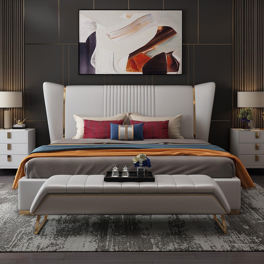 Modern Wingback Bed Microfiber Leather Upholstered Bed, Cal King