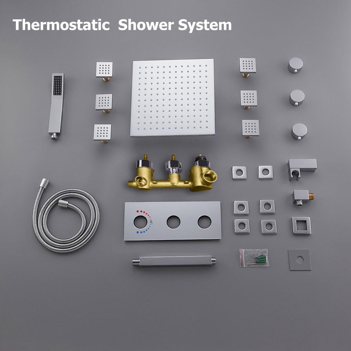 Modern Ceiling Mounted LED 12" Rain Shower System with Handheld Shower & 6 Body Sprays