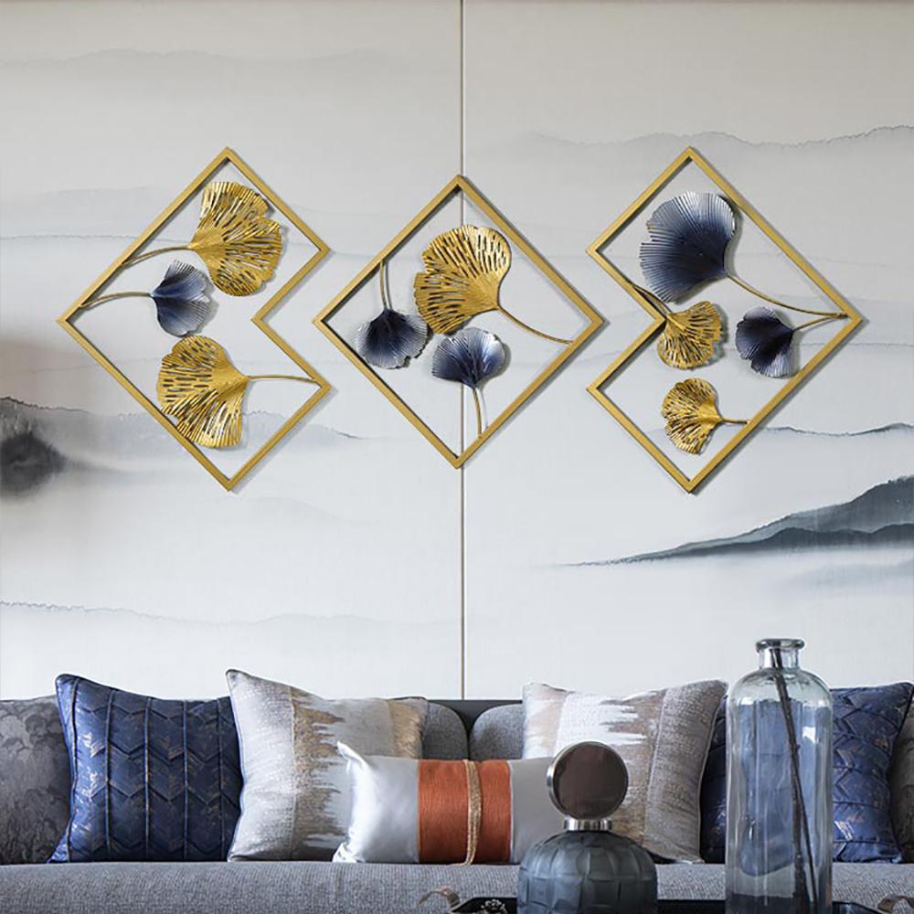 3 Pieces Ginkgo Leaves Wall Decor in Metal with Geometric Frame