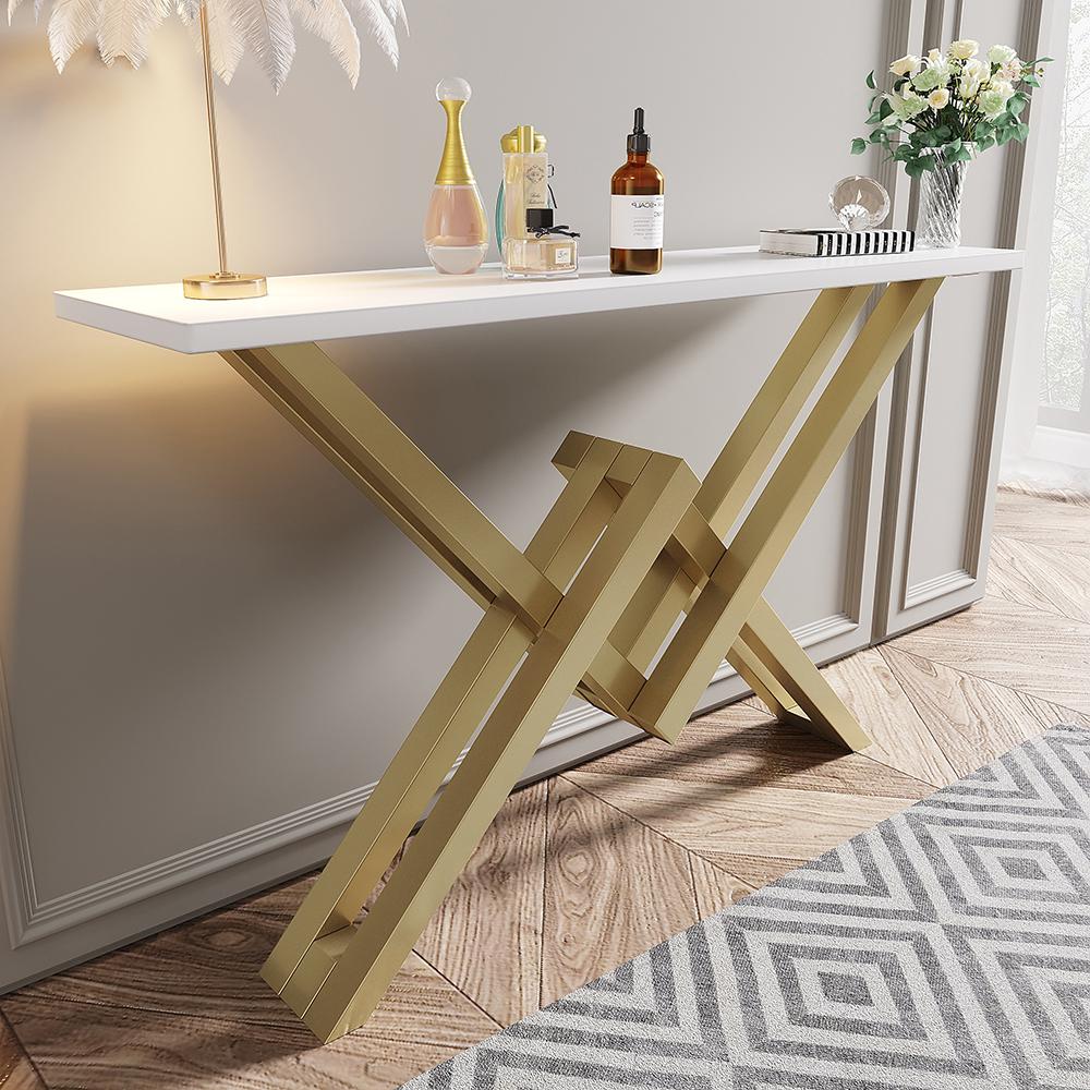 Black & Gold Narrow Console Table Accent Table For Entryway X Base Metal in Small