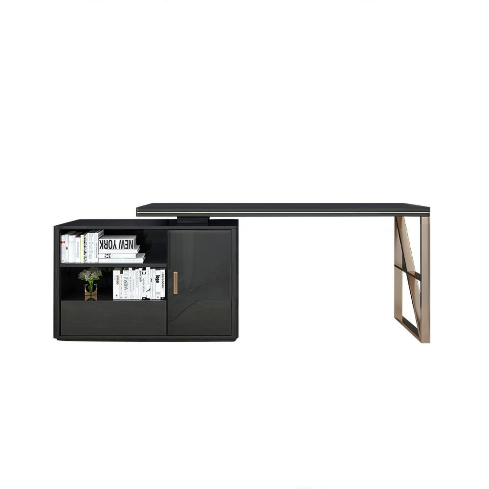 Modern 63" Black L-Shaped Desk Corner Computer Desk with Cabinet & Rich Storage in Gold