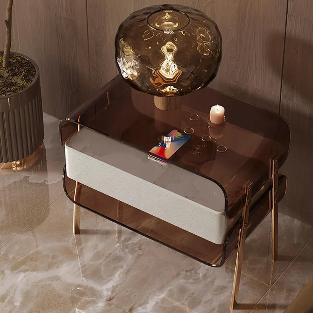 Modern Lighted Brown Nightstand with Wireless Charging Station Acrylic Bedside Table