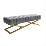 Modern Entryway Bench Gray Velvet Upholstered Ottoman Bench in Gold