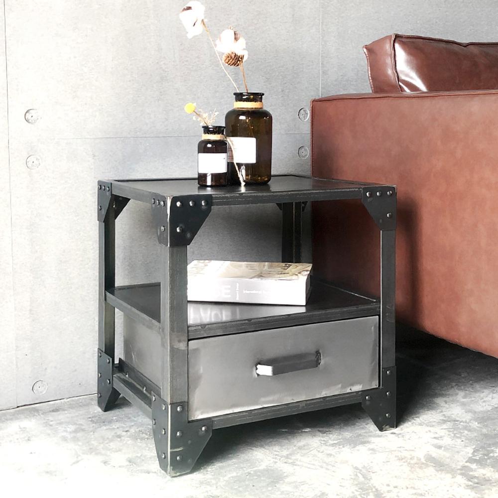 Industrial Metal Nightstand Bedside with Storage 1 Drawer Brushed Black