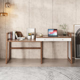 Modern I Shaped Desk Retracted & Extendable Corner Walnut Desk with Storage & 2 Drawers