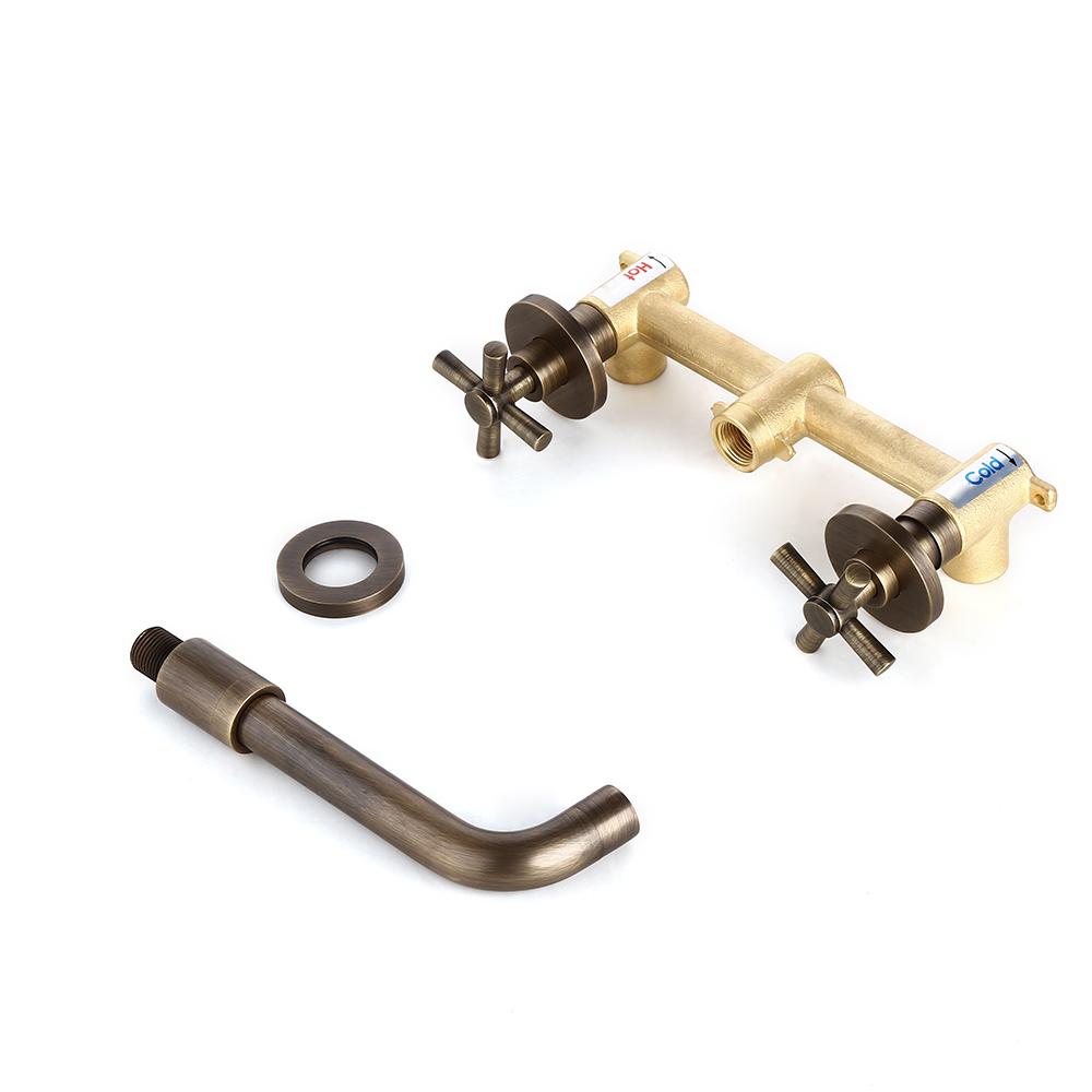 Melro Classic Wall Mounted Double Cross Handle Bathroom Sink Faucet in Antique Brass