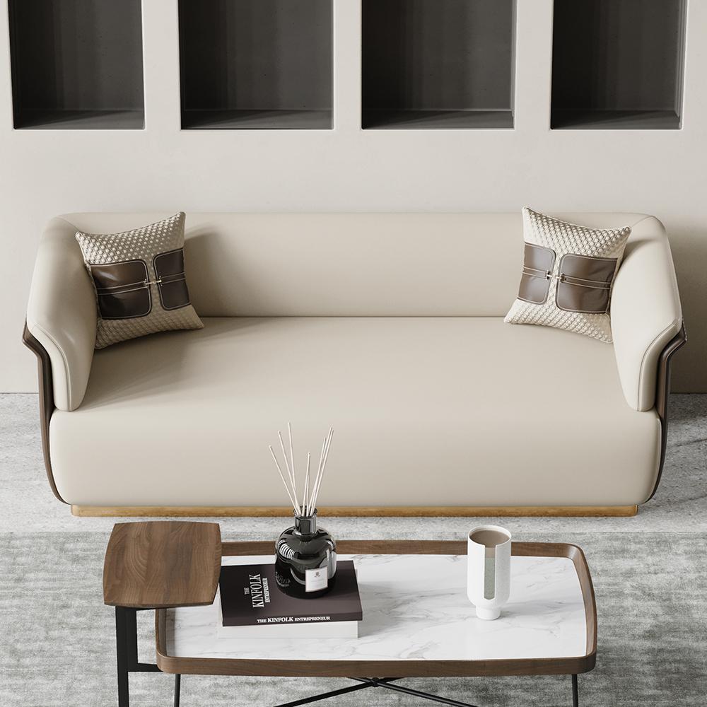 Modern Off-White & Brown Sofa for 3 Seaters Microfiber Leather Upholstery Rectangle