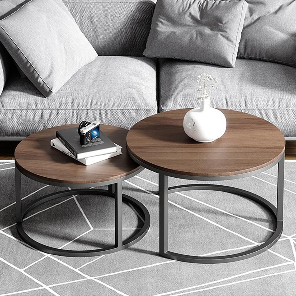 2 Pieces Modern Wood Gray & Black Round Nesting Coffee Table for Living Room