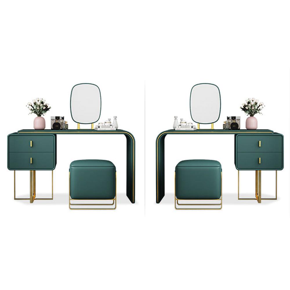 Green Makeup Vanity Set Expandable Dressing Table with Mirror&Side Cabinet&Stool