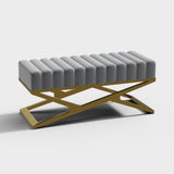 Modern Entryway Bench Gray Velvet Upholstered Ottoman Bench in Gold