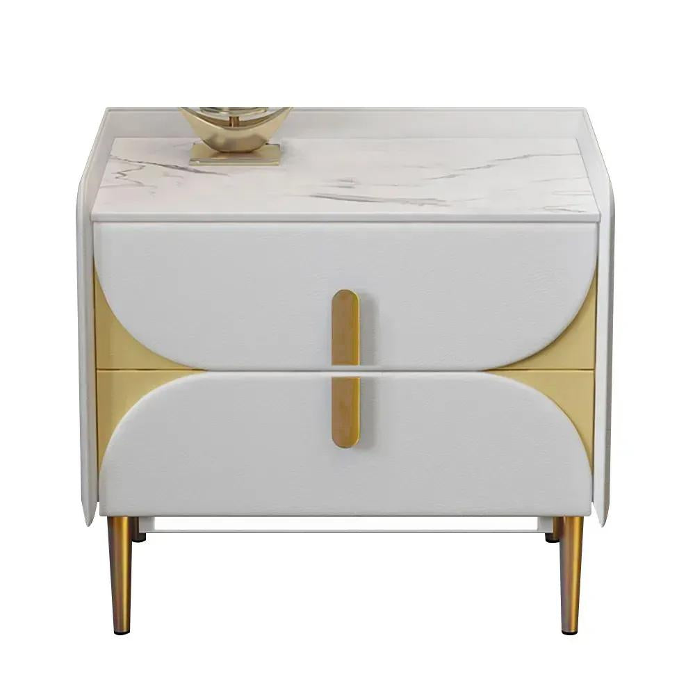 Luxury Gray Nightstand Stone Top Microfiber Leather Upholstery with LED Light