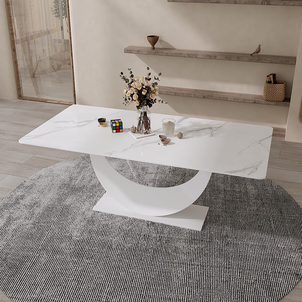 71" White Faux Marble Dining Table for 8 Crescent Base Sintered Stone