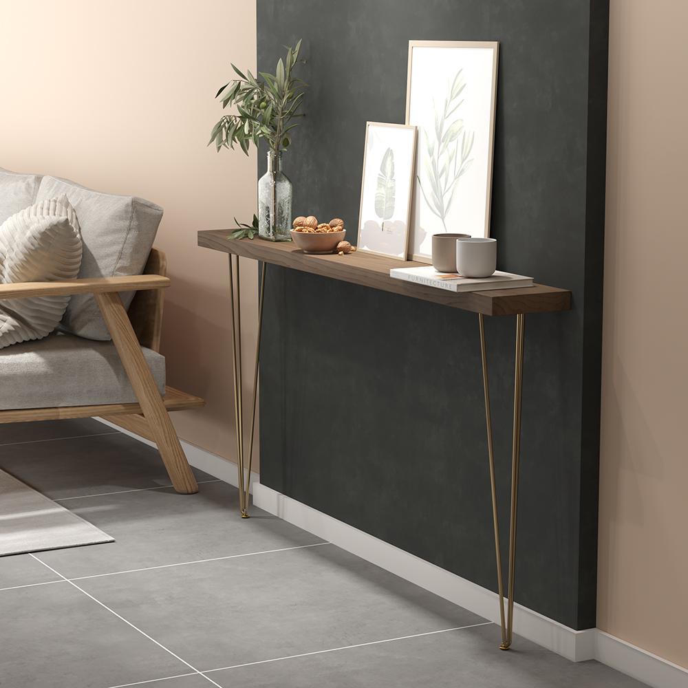 39" Modern Walnut Narrow Rectangular Console Table with Wooden Top Metal Legs