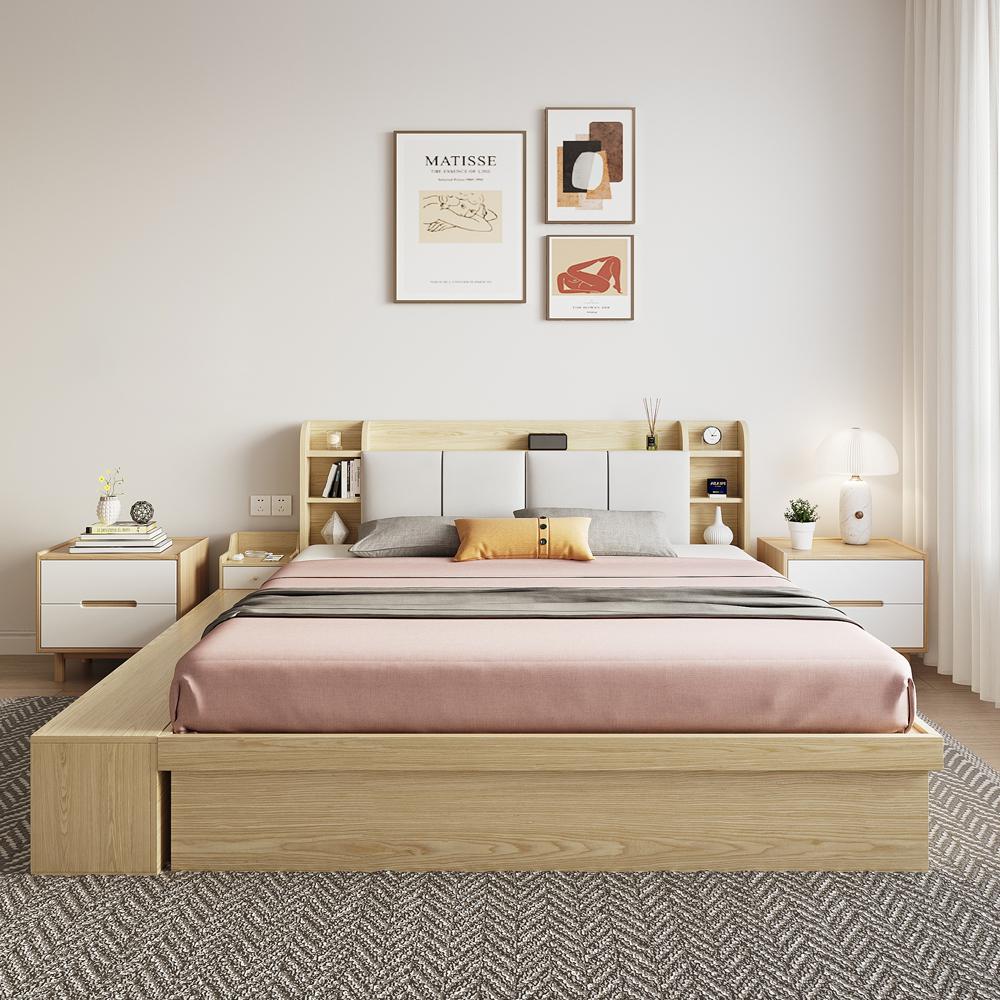 Multi-Storage Cal King Ottoman Bed with Drawers and Bookcase Headboard