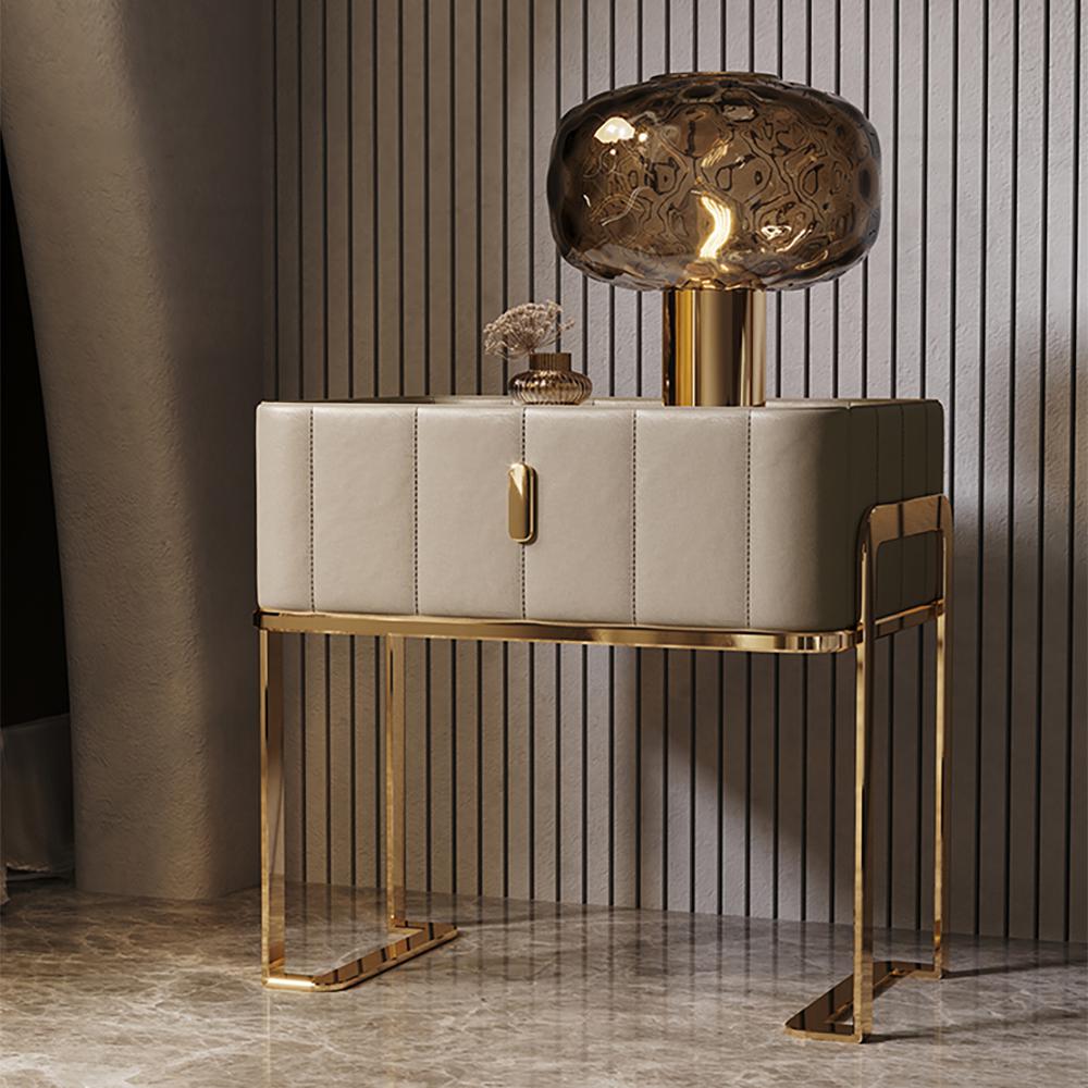 Champagne PU Leather Single Drawer Bedroom Nightstand Bedside Table with Stone Top