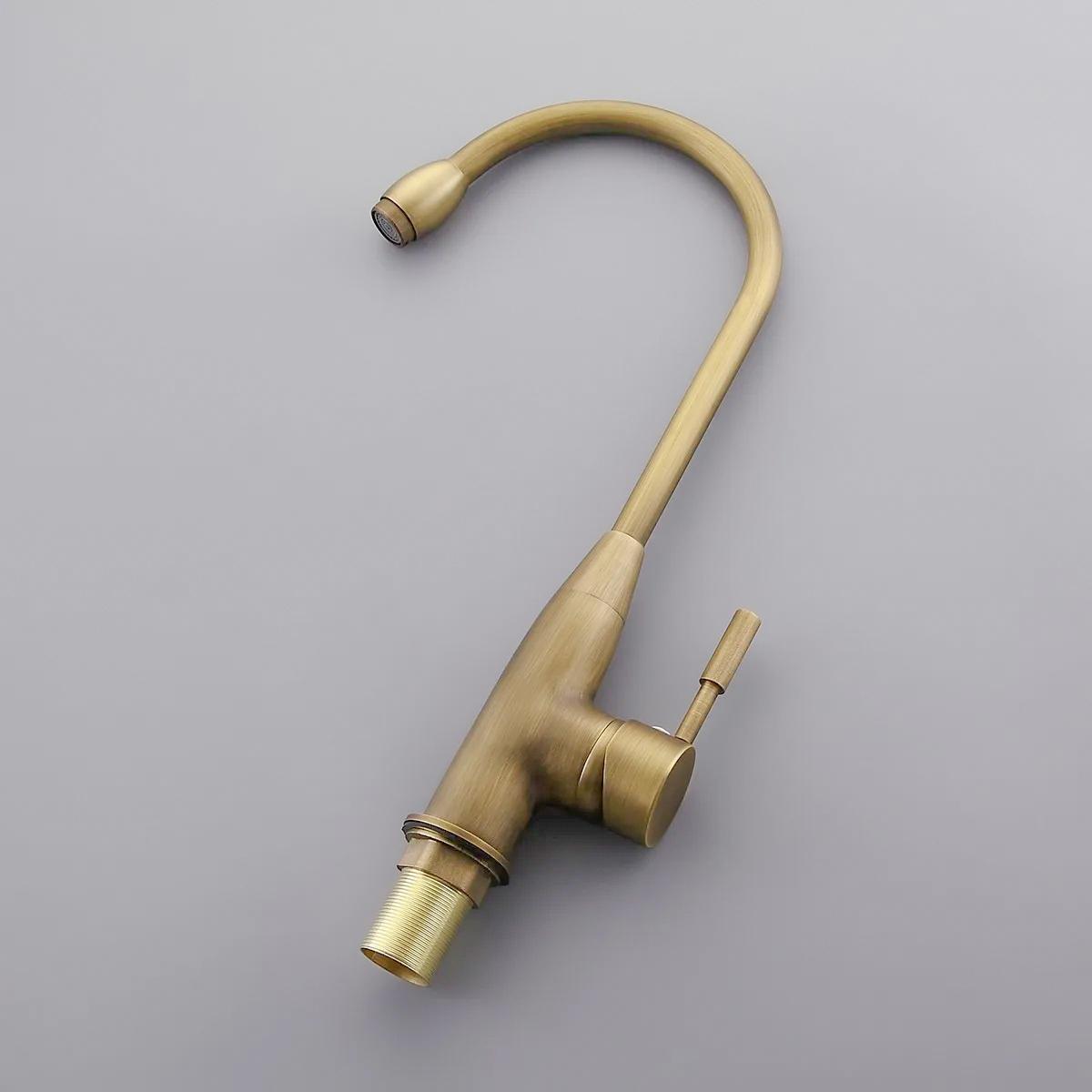 Stev Classic Antique Brass Goosenecked Single Handle 1-Hole Kitchen Faucet Solid Brass