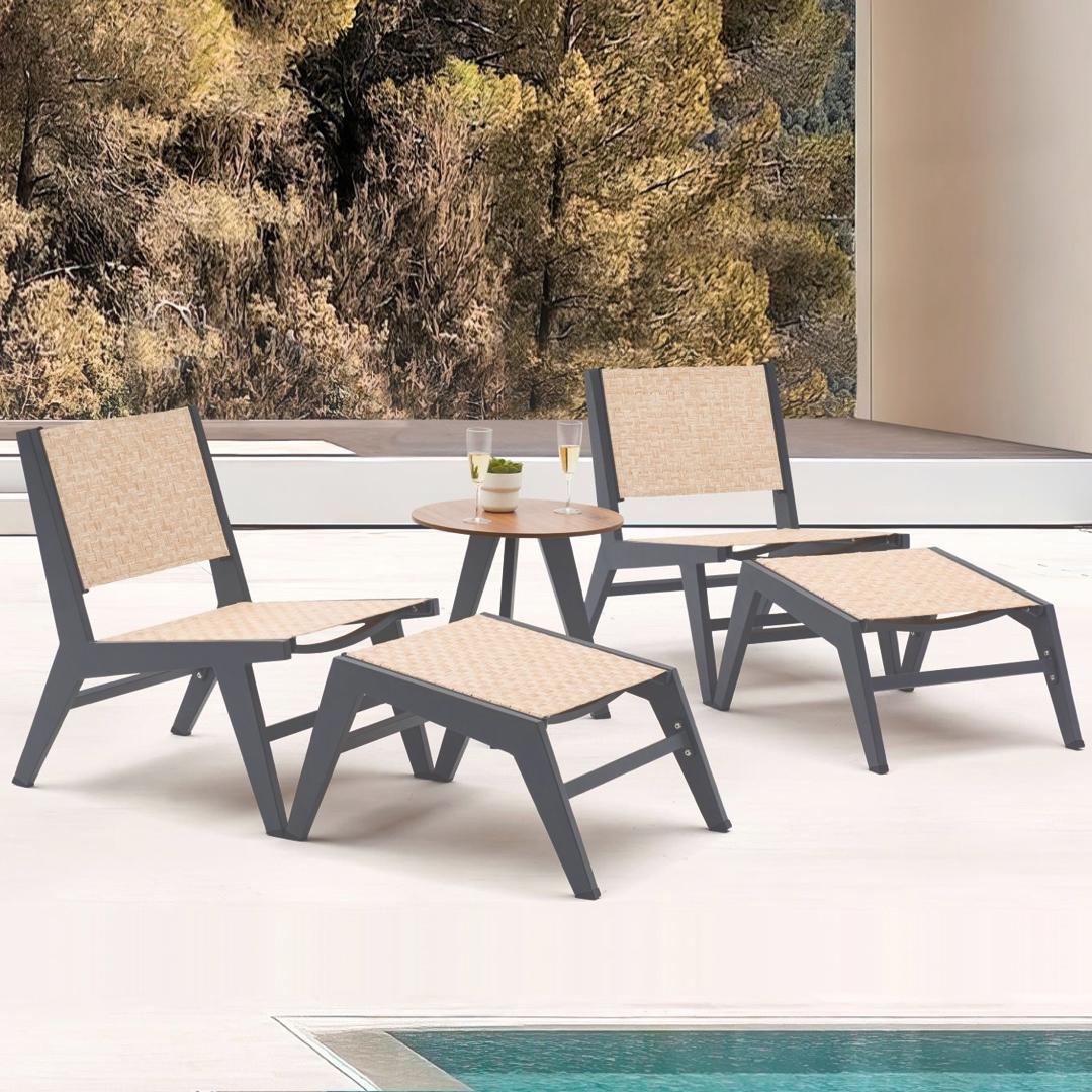 5Pcs Rustic Rattan Aluminum Outdoor Patio Lounge Chair Set Round Coffee Table & Stool